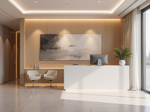 现代化办公室内部,宽敞明亮的接待区,配备舒适沙发和茶几,墙上挂着公司标识,蓝色背景,明亮自然光